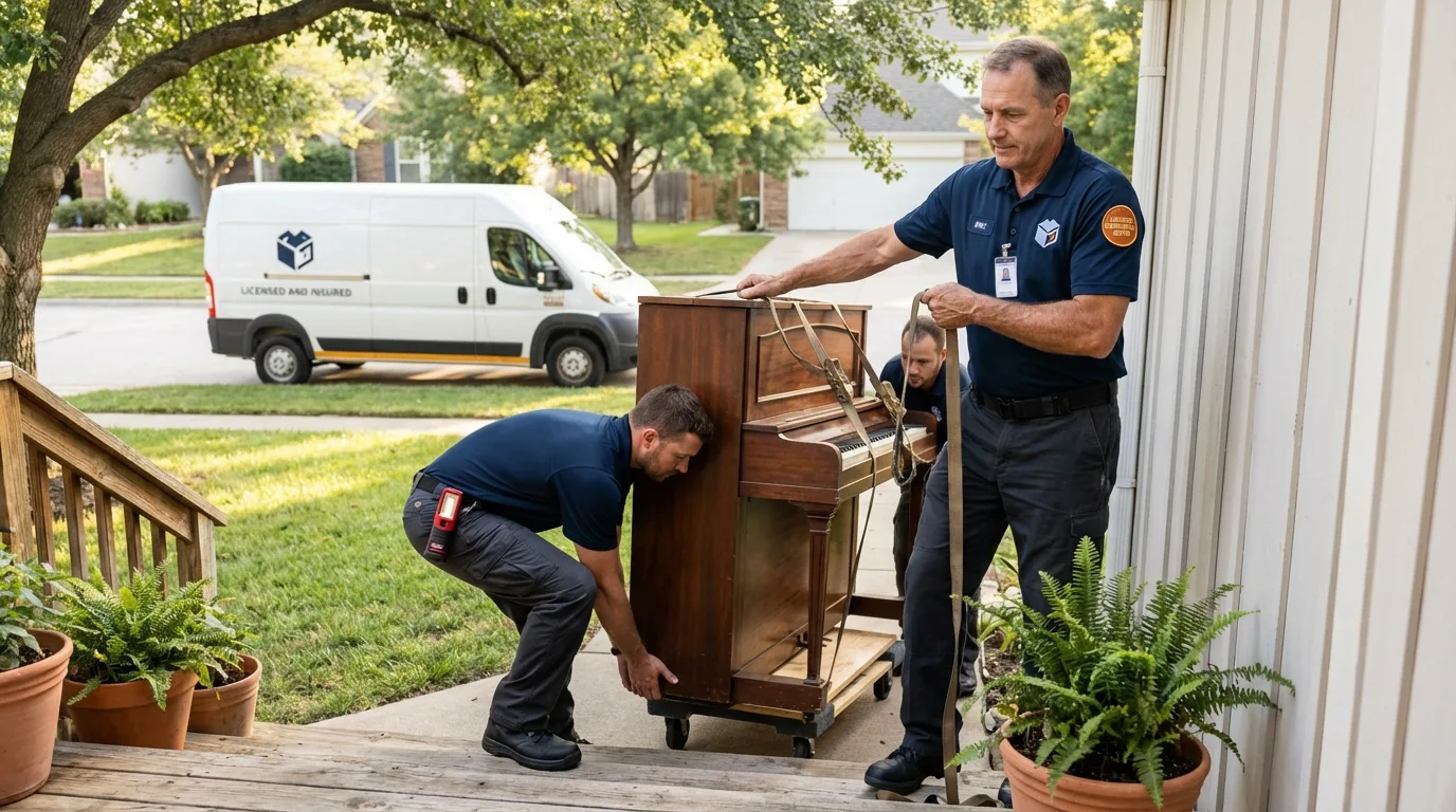 Licensed piano movers securing grand piano in Leola, SD